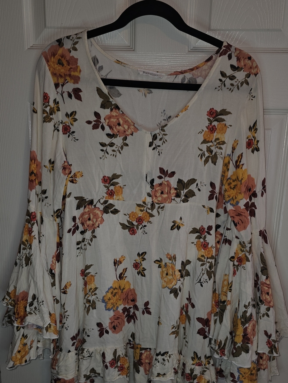 BUCKETLIST White Floral Ruffle Mini Dress with Yellow & Mauve Blooms